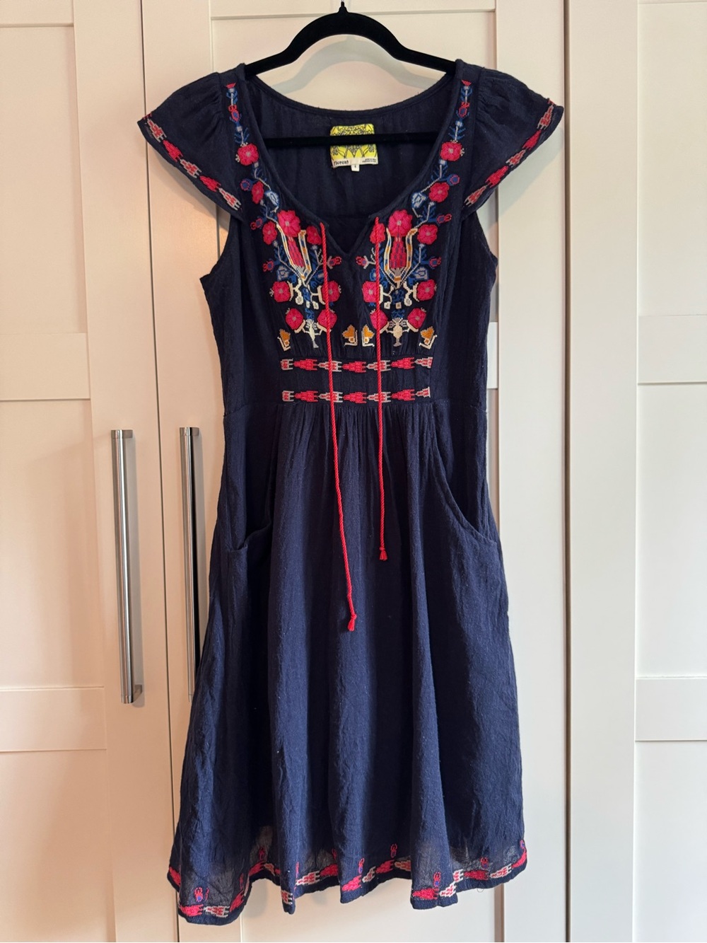Floreat (Anthropologie) Navy Midi Dress with Red and Yellow Embroidery
